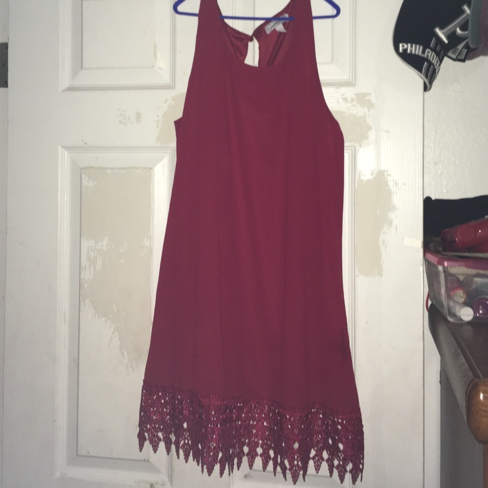 Speechless Burgundy Mini Dress with Crochet Hem